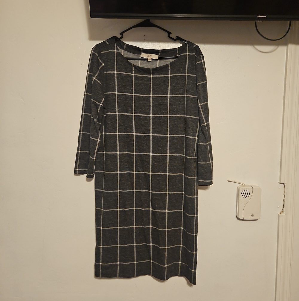 LOFT Charcoal Gray Windowpane Midi Dress